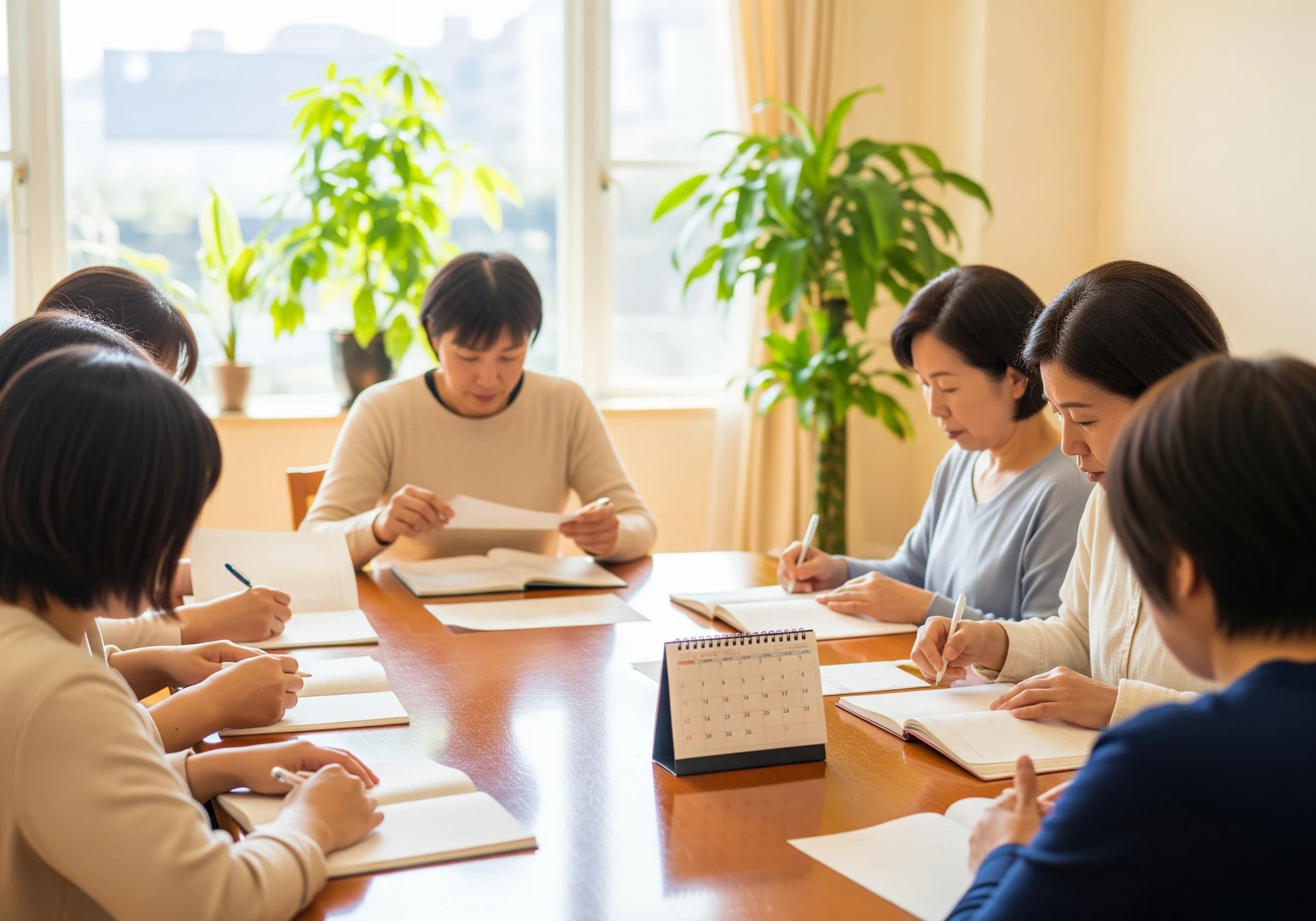 テーブルを囲んで会話の練習をする様子